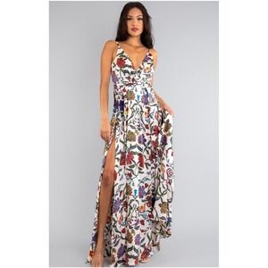 Rosevelvet White Floral V-Neck Maxi Dress with High Slit Size Small